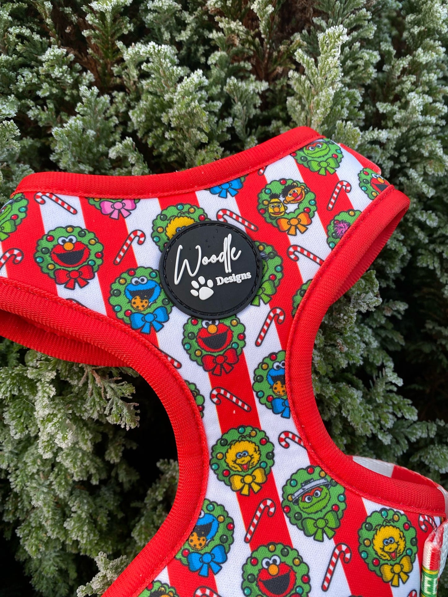 Christmas theme adjustable dog harness with sesame Street Elmo cookie monster big bird Oscar the grouch Bert and Ernie official licenced designed in Ireland perfect Christmas present for dogs