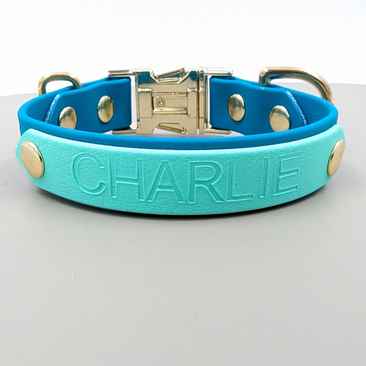 A heat stamped biothane personalized plate for dog collars and leads