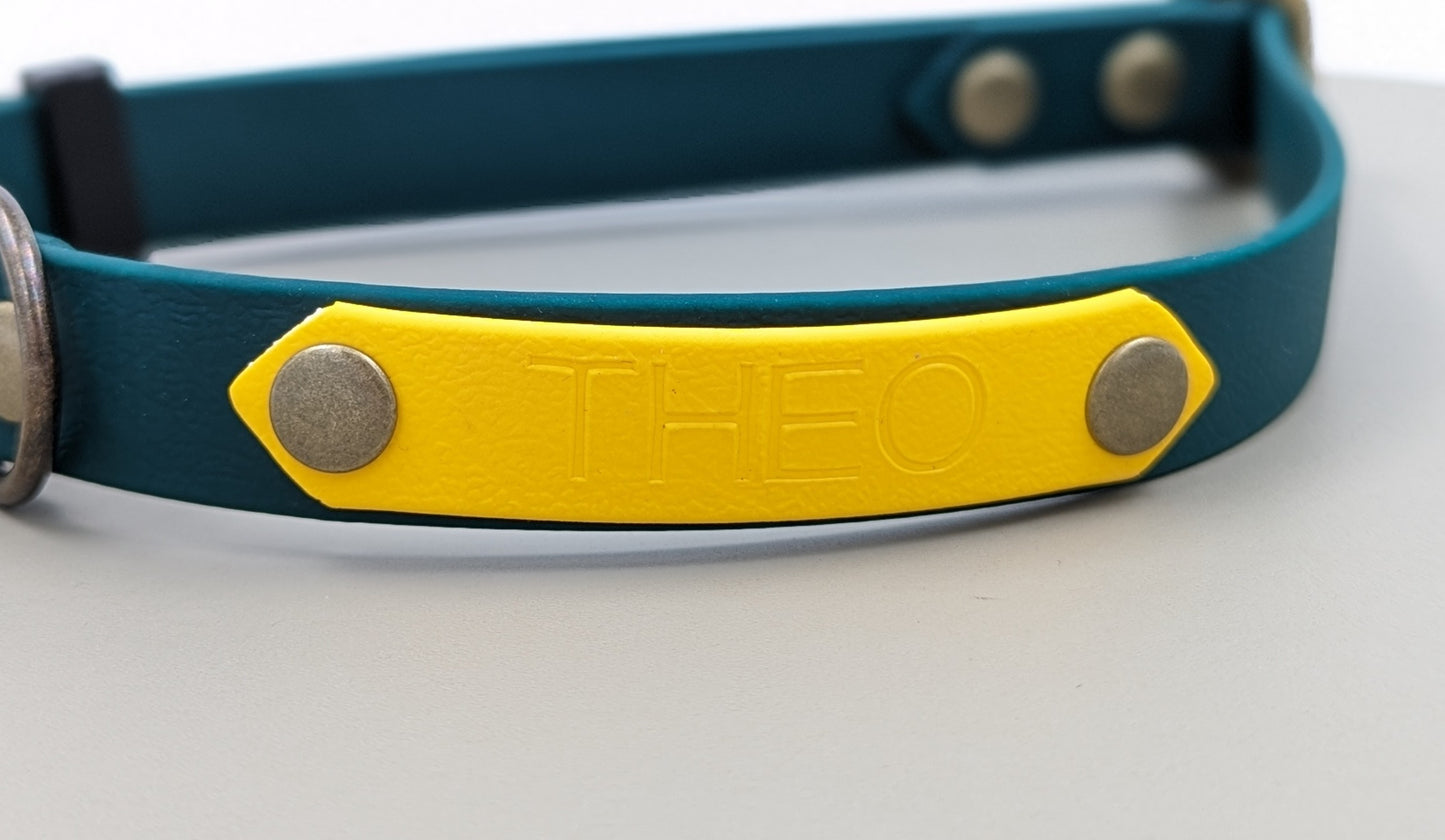 A heat stamped biothane personalized plate for dog collars and leads