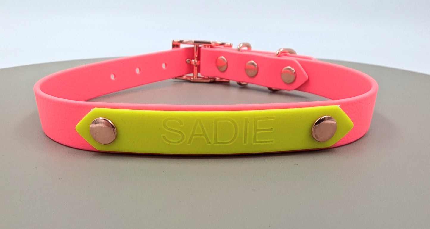 A heat stamped biothane personalized plate for dog collars and leads
