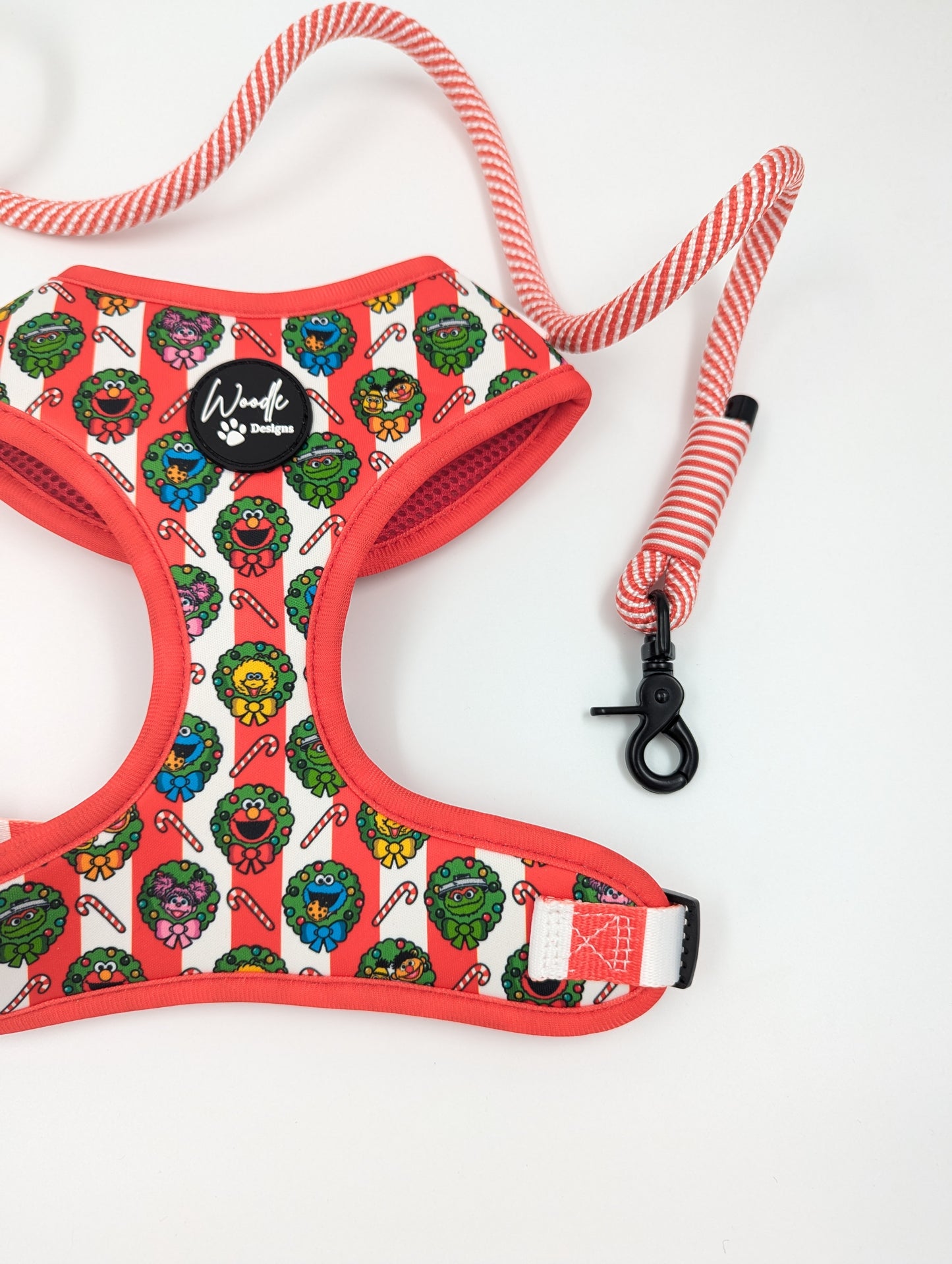 Christmas theme adjustable dog harness with sesame Street Elmo cookie monster big bird Oscar the grouch Bert and Ernie official licenced designed in Ireland perfect Christmas present for dogs