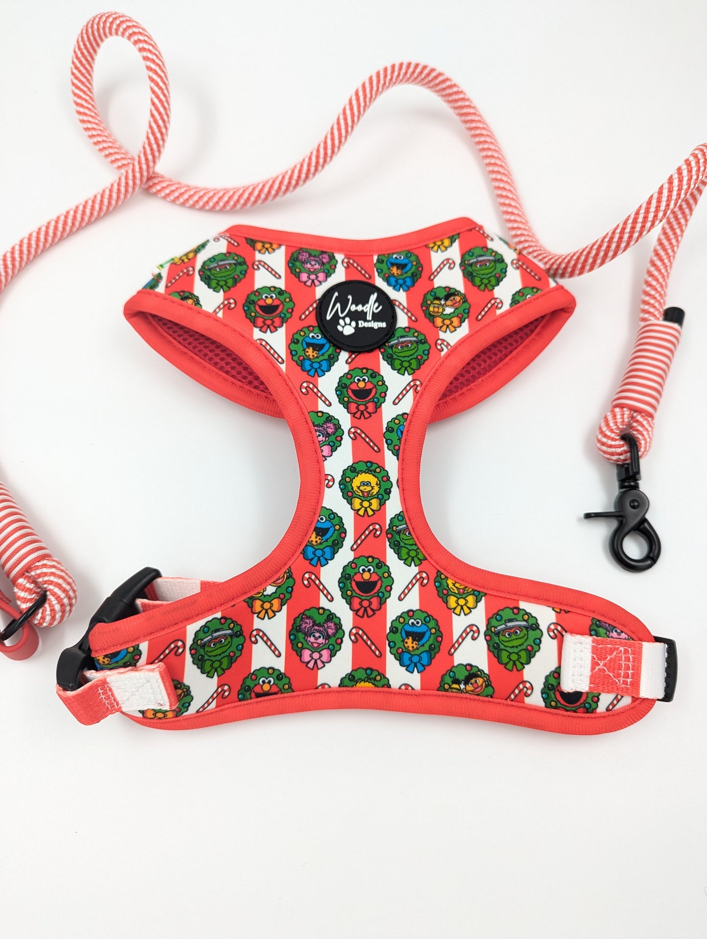Christmas theme adjustable dog harness with sesame Street Elmo cookie monster big bird Oscar the grouch Bert and Ernie official licenced designed in Ireland perfect Christmas present for dogs