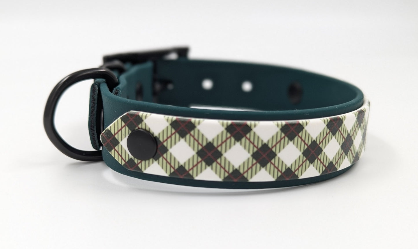 BioThane dog collar made in Ireland with a tartan argyle tartan uv printed biothane layer