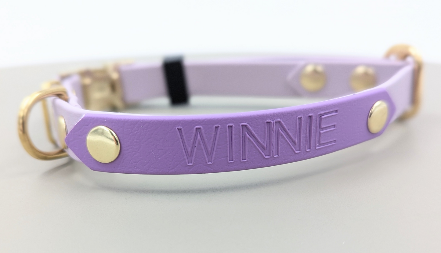 A heat stamped biothane personalized plate for dog collars and leads