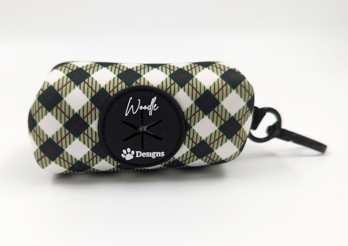 Checkered dog harness with brand logo on a white background designed in ireland emerald hearth tartan argyle dog harness adjustable plaid designbest quality dark green crimson dog bow collar and lead handmade dog accessories waste bag holder poo bag holder