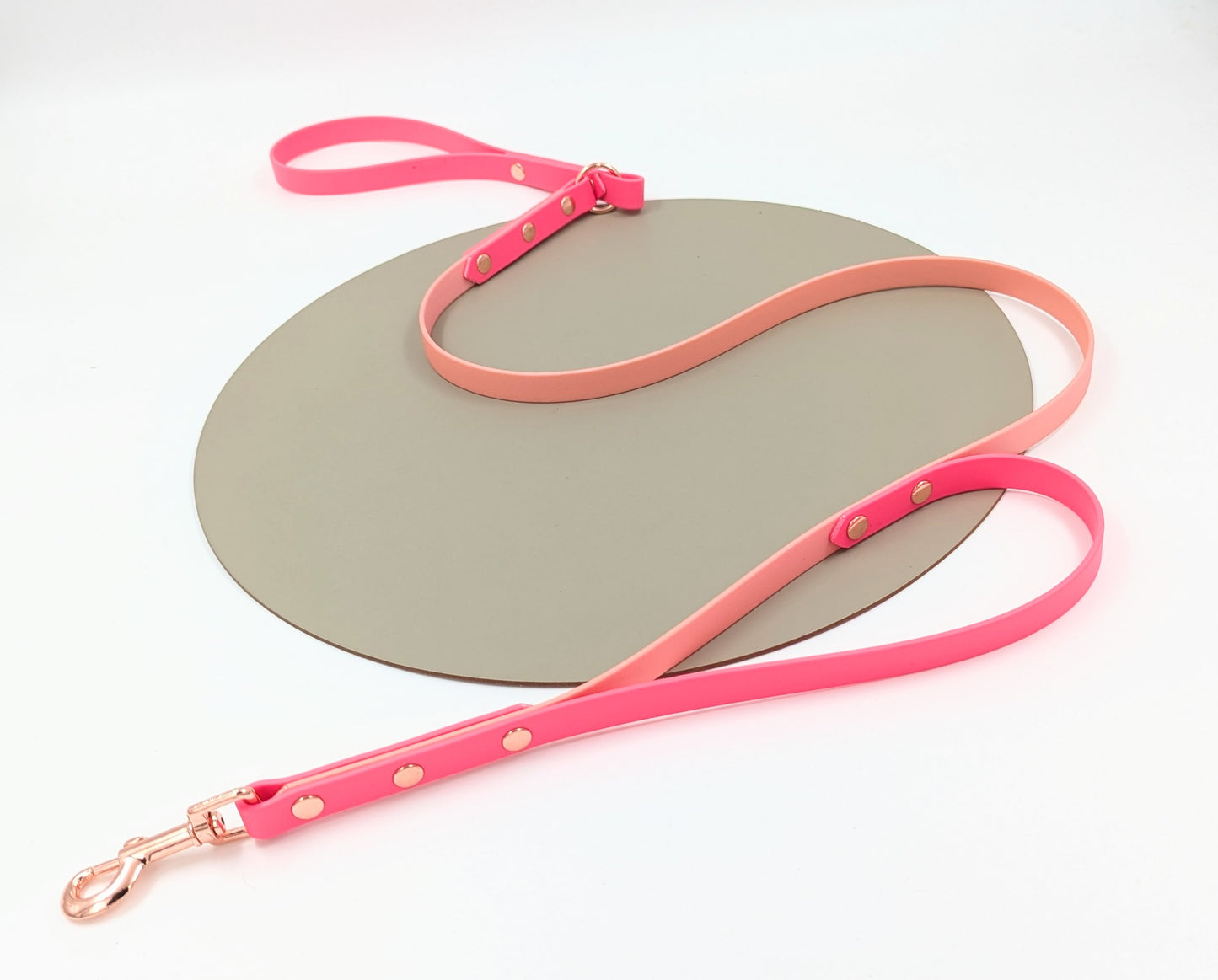 BioThane lead for dogs. Design your own, waterproof, easy to clean, made in Ireland, customisable, tough, hard wearing, optional grab handle 
Custom two-tone BioThane dog lead in vibrant contrasting colors - Waterproof and handmade in Ireland - Woodle Designs.