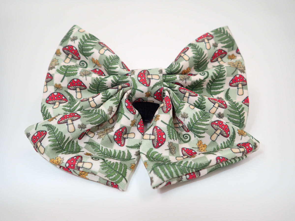 Dog Sailor bow in wood land print with ferns and toadstools
