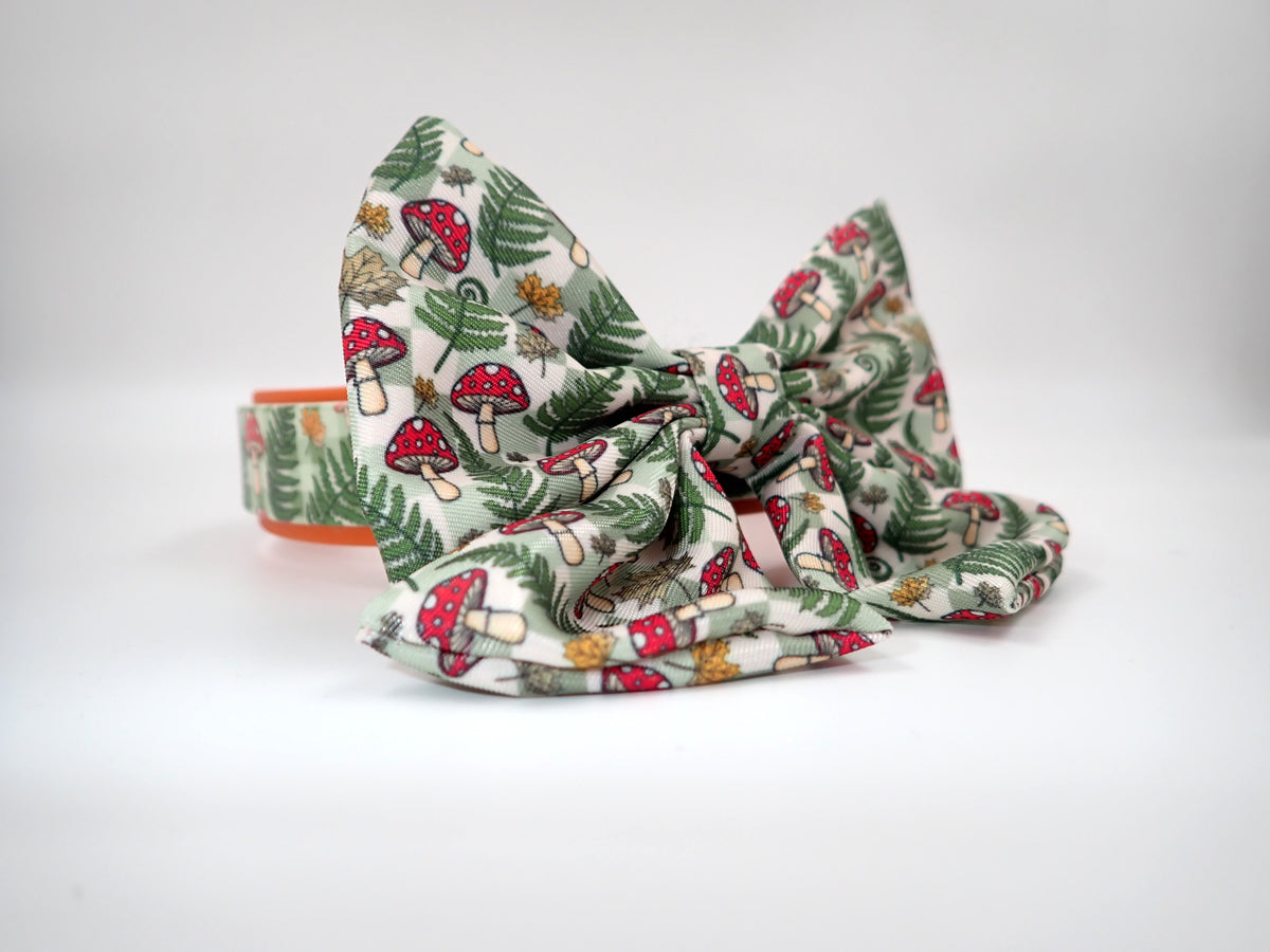 Dog Sailor bow in wood land print with ferns and toadstools