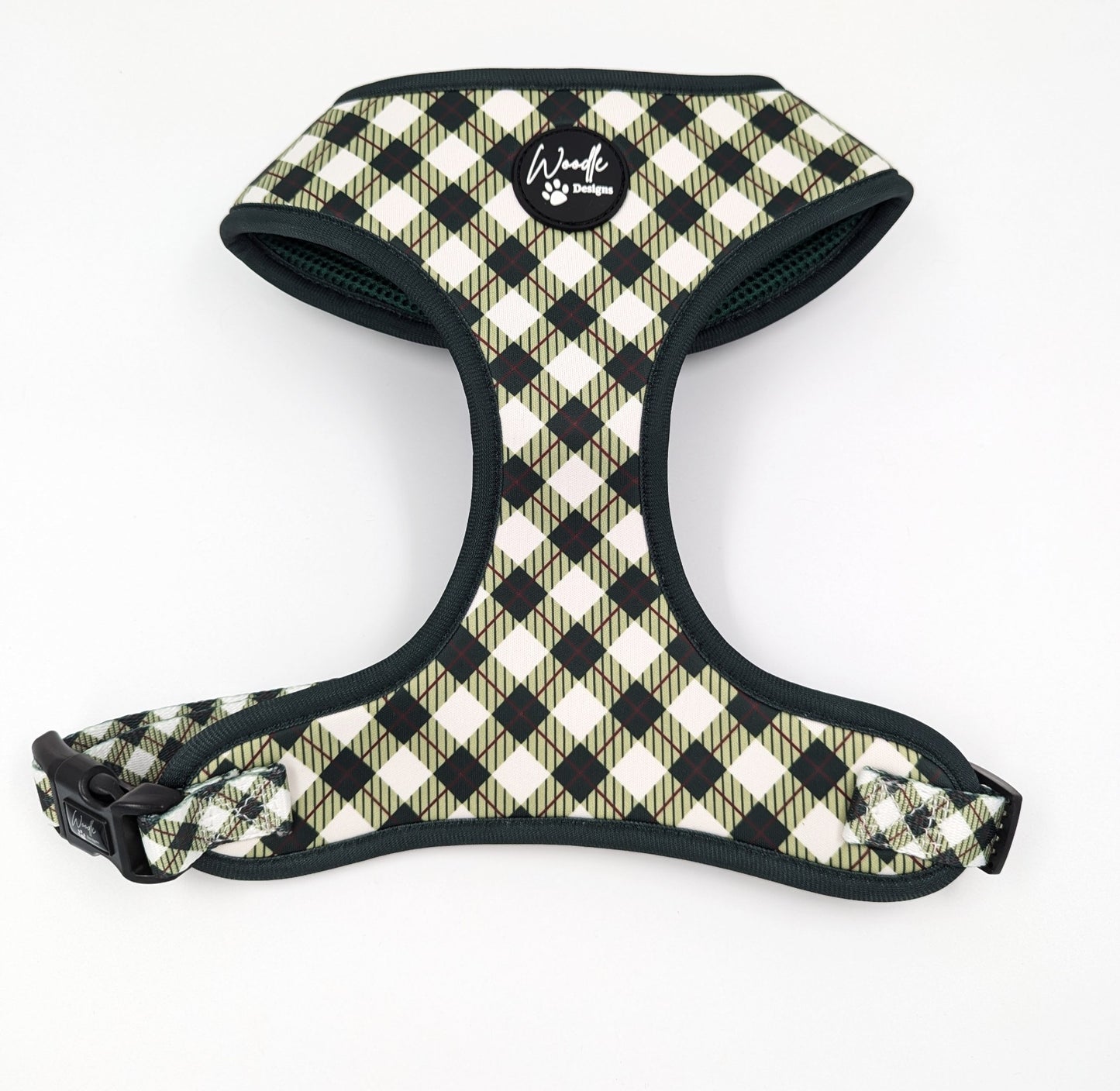 Checkered dog harness with brand logo on a white background designed in ireland emerald hearth tartan argyle dog harness adjustable plaid designbest quality dark green crimson 