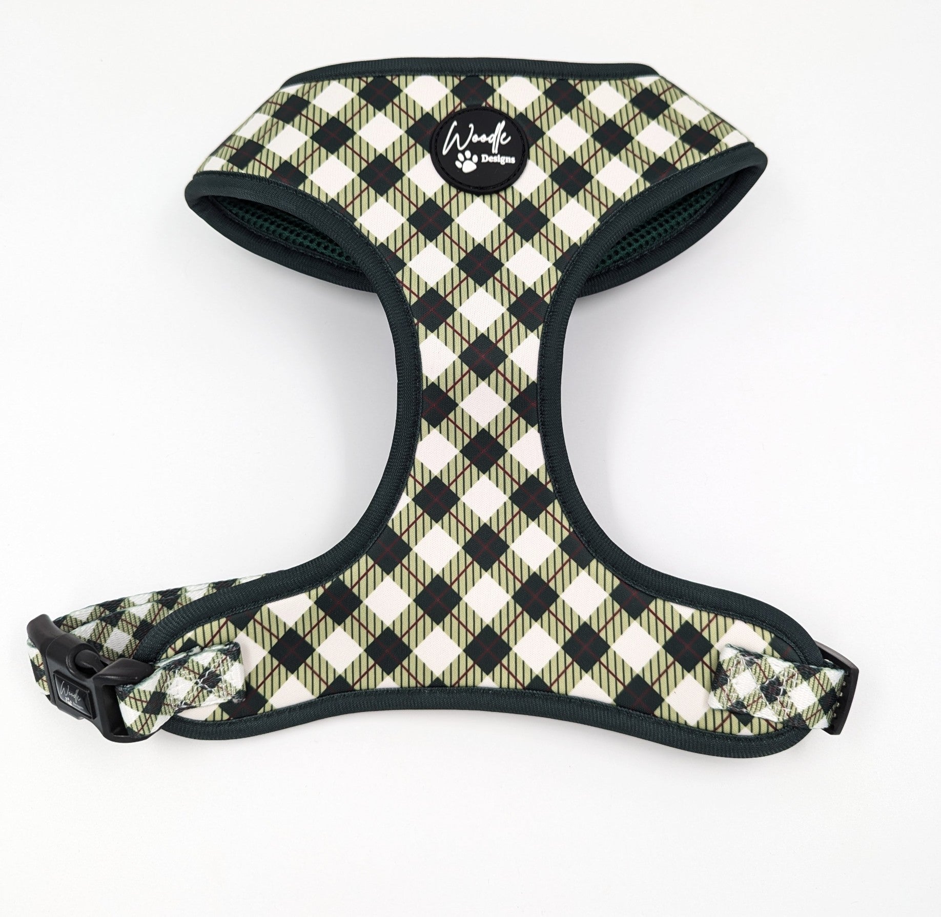 Checkered dog harness with brand logo on a white background designed in ireland emerald hearth tartan argyle dog harness adjustable plaid designbest quality dark green crimson 
