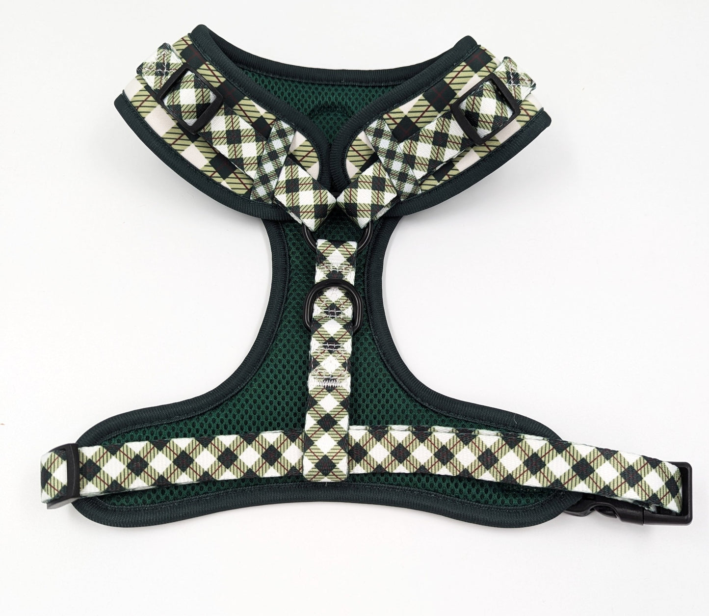 Checkered dog harness with brand logo on a white background designed in ireland emerald hearth tartan argyle dog harness adjustable plaid designbest quality dark green crimson 