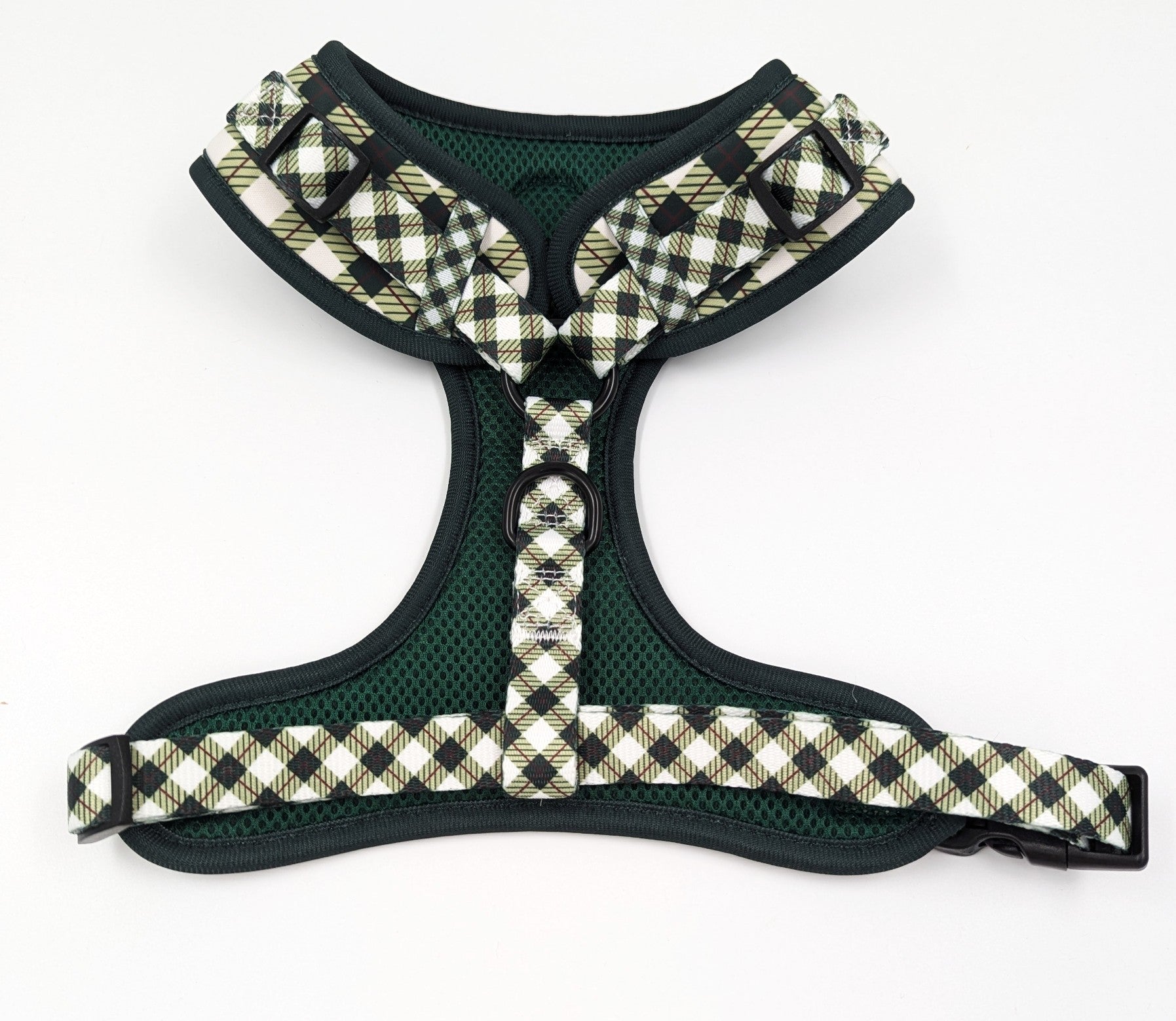 Checkered dog harness with brand logo on a white background designed in ireland emerald hearth tartan argyle dog harness adjustable plaid designbest quality dark green crimson 