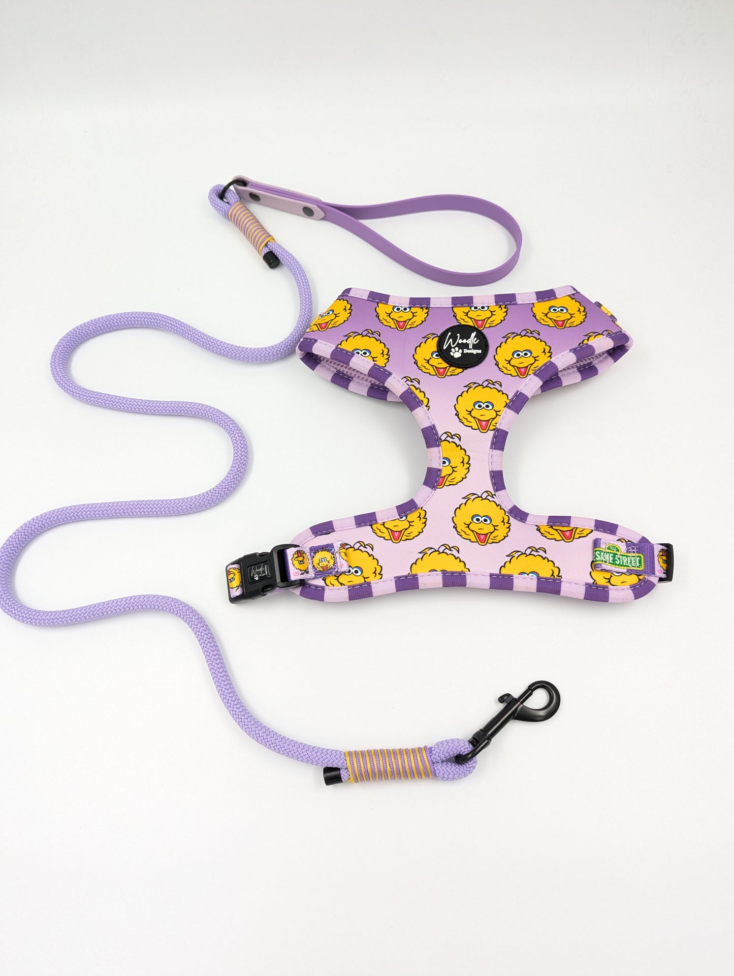 Official Big Bird Purple character Adjustable dog harness Sesame Street collaboration Ireland & UK with handmade rope dog leash with BioThane handle