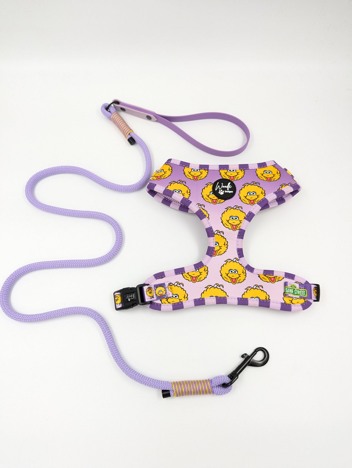 Official Big Bird Purple character Adjustable dog harness Sesame Street collaboration Ireland & UK with handmade rope dog leash with BioThane handle designer 