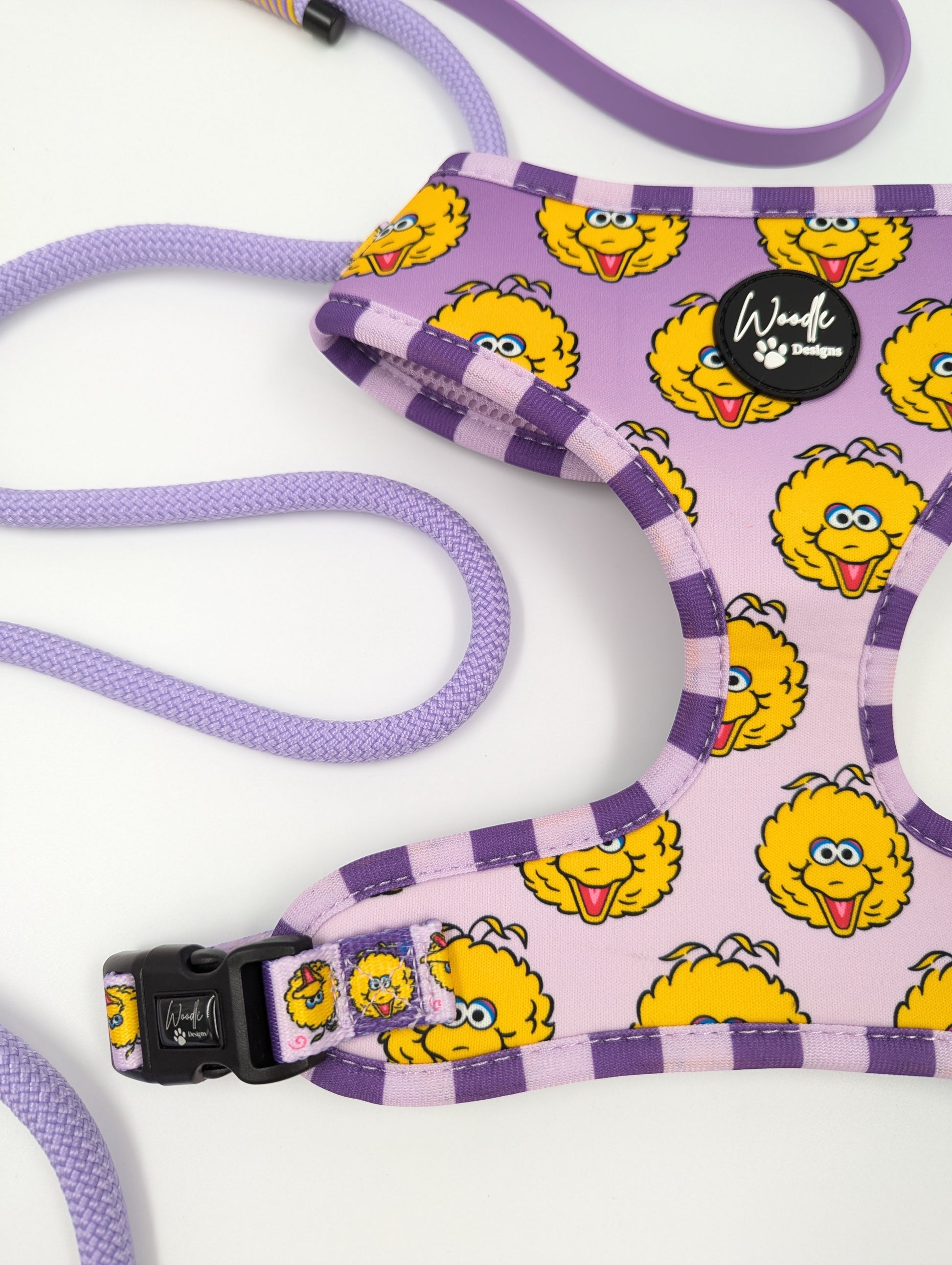 Official Big Bird Purple character Adjustable dog harness Sesame Street collaboration Ireland & UK with handmade rope dog leash with BioThane handle designer close up