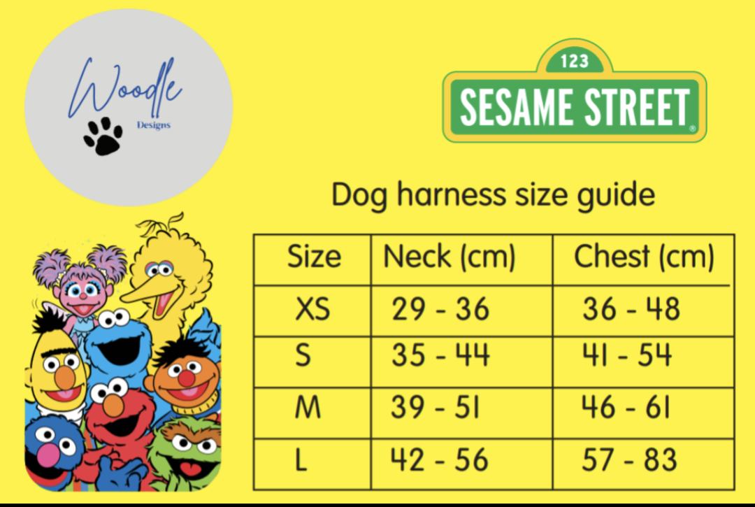 Official Big Bird Purple character Adjustable dog harness Sesame Street collaboration Ireland & UK with handmade rope dog leash with BioThane handle designer close up size chart