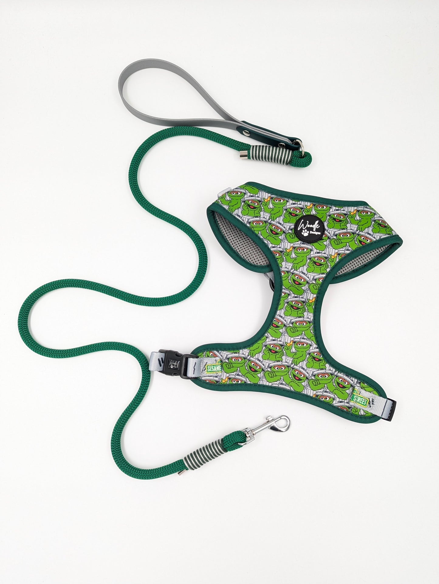 Adjustable Sesame Street dog harness with breathable mesh lining Woodle Designs Ireland, UK and worldwide. fast shipping cute adjustable dog harness products bundle and save with handmade lead with biothane handle waterproof