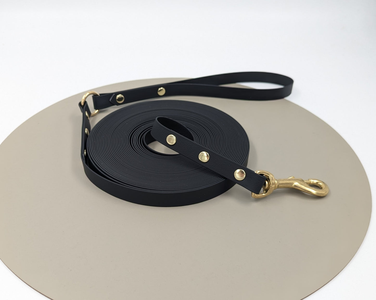Custom two-tone waterproof long line made from PVC coated webbing - Professional dog training lead - Woodle Designs Ireland.