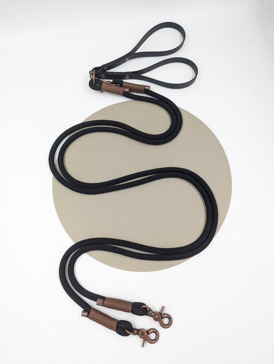 a Split lead  leash for two dogs that splits to become two separate leads customizable made in ireland handmade