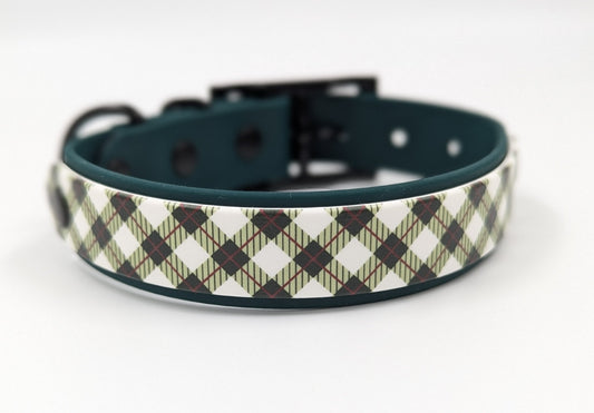 BioThane dog collar made in Ireland with a tartan argyle tartan uv printed biothane layer