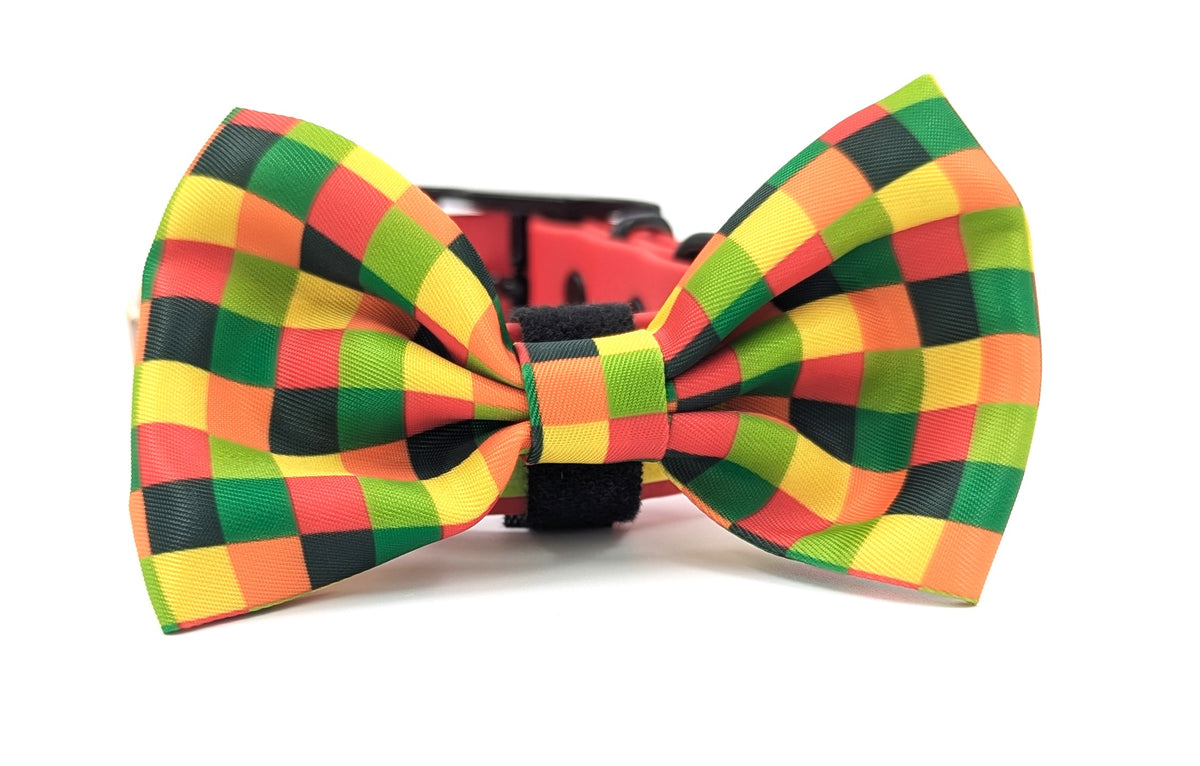 A colorful checkered dog bow tie with a red, yellow, green, and black pattern, displayed on a clean white background. handmade dog BioThane collar. Ireland and worldwide. 