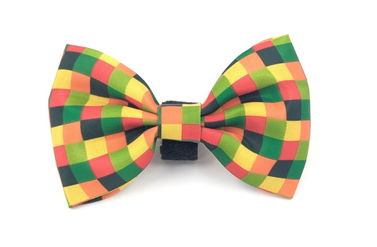 A dog bow tie featuring a vibrant checkered pattern of green, yellow, orange, and black squares, presented on a clean white background. Ireland and worldwide.