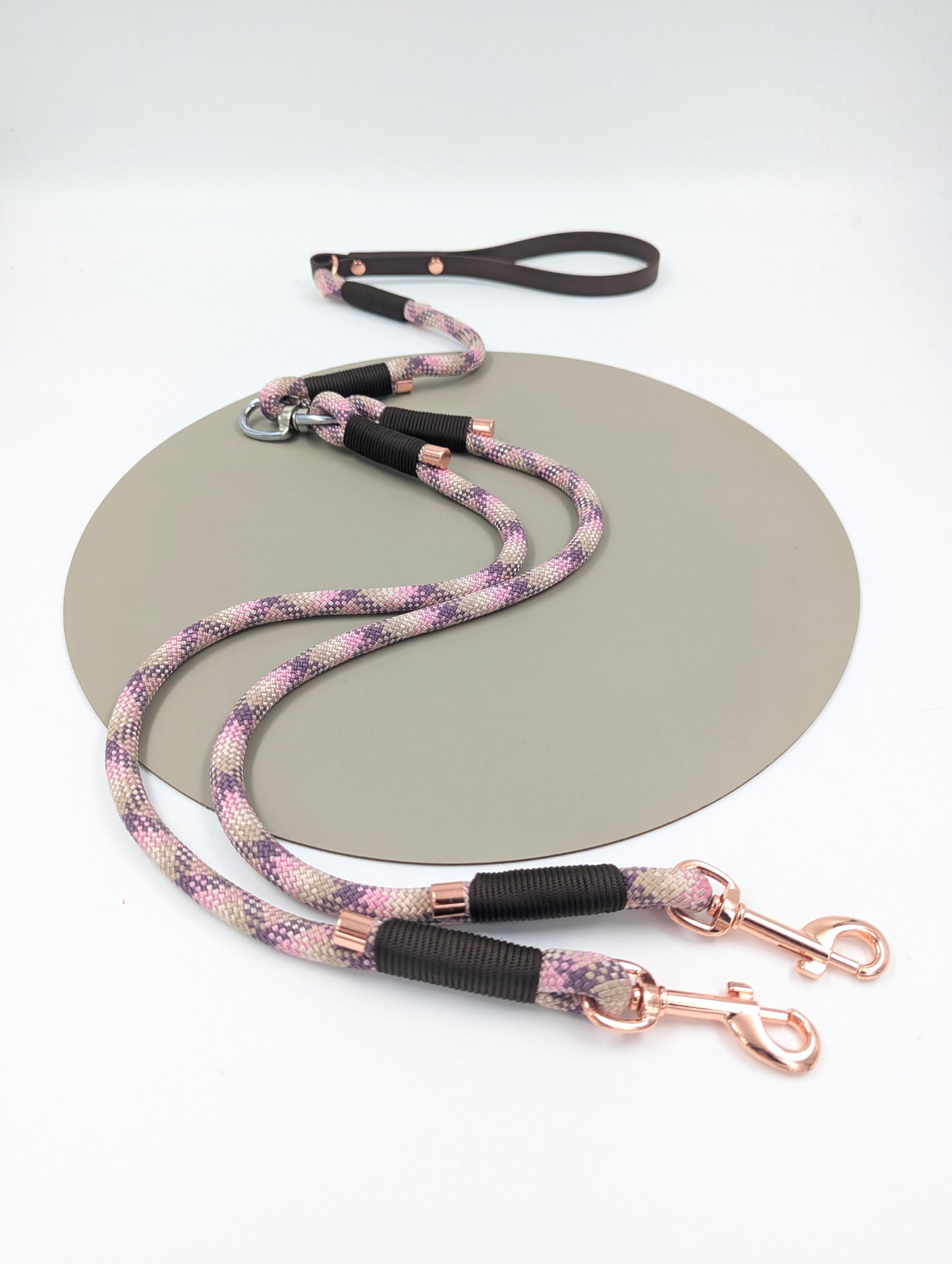 Custom split rope lead for walking two dogs with BioThane handle ireland worldwide fast shipping