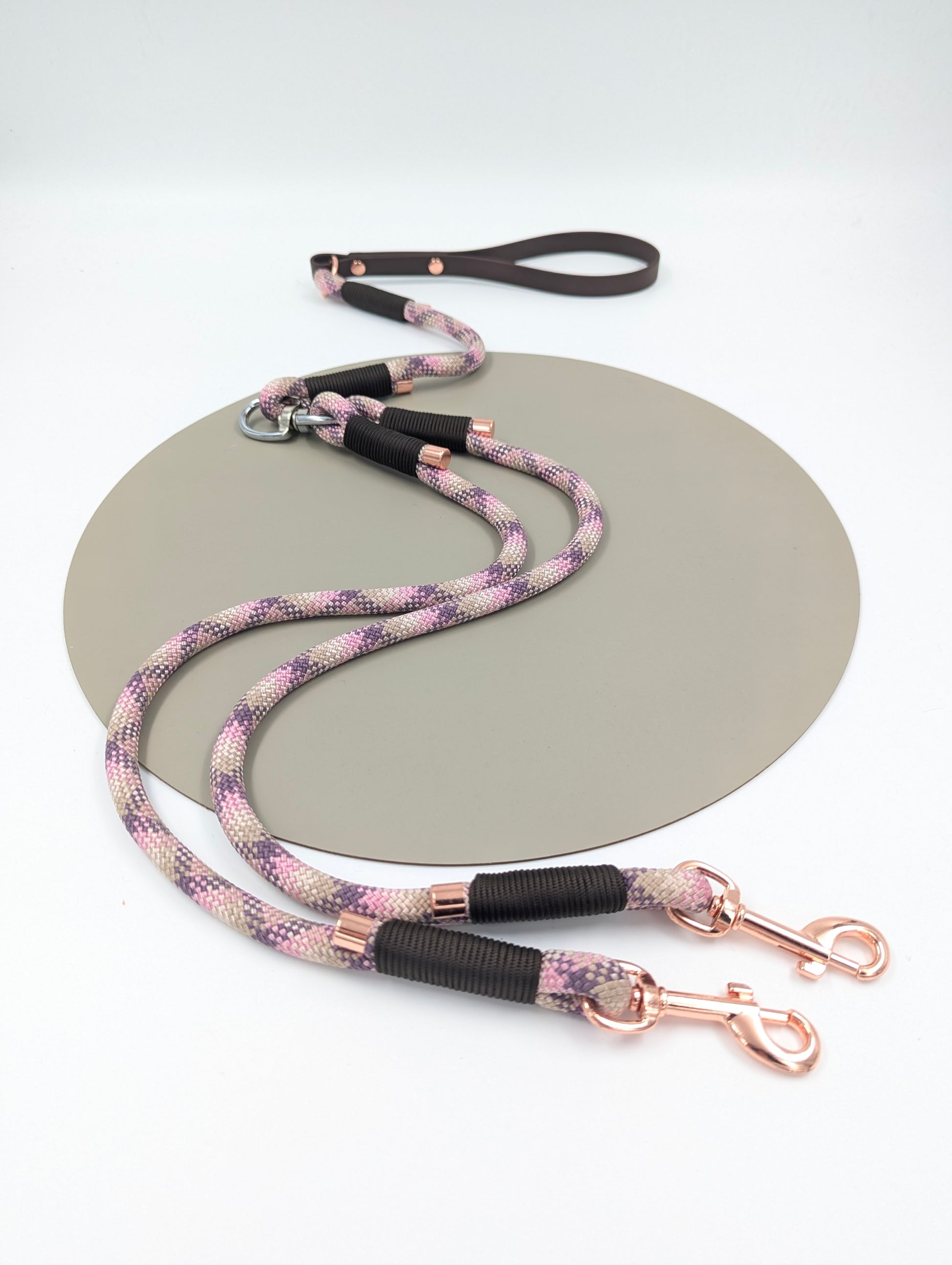 Custom split rope lead for walking two dogs with BioThane handle ireland worldwide fast shipping