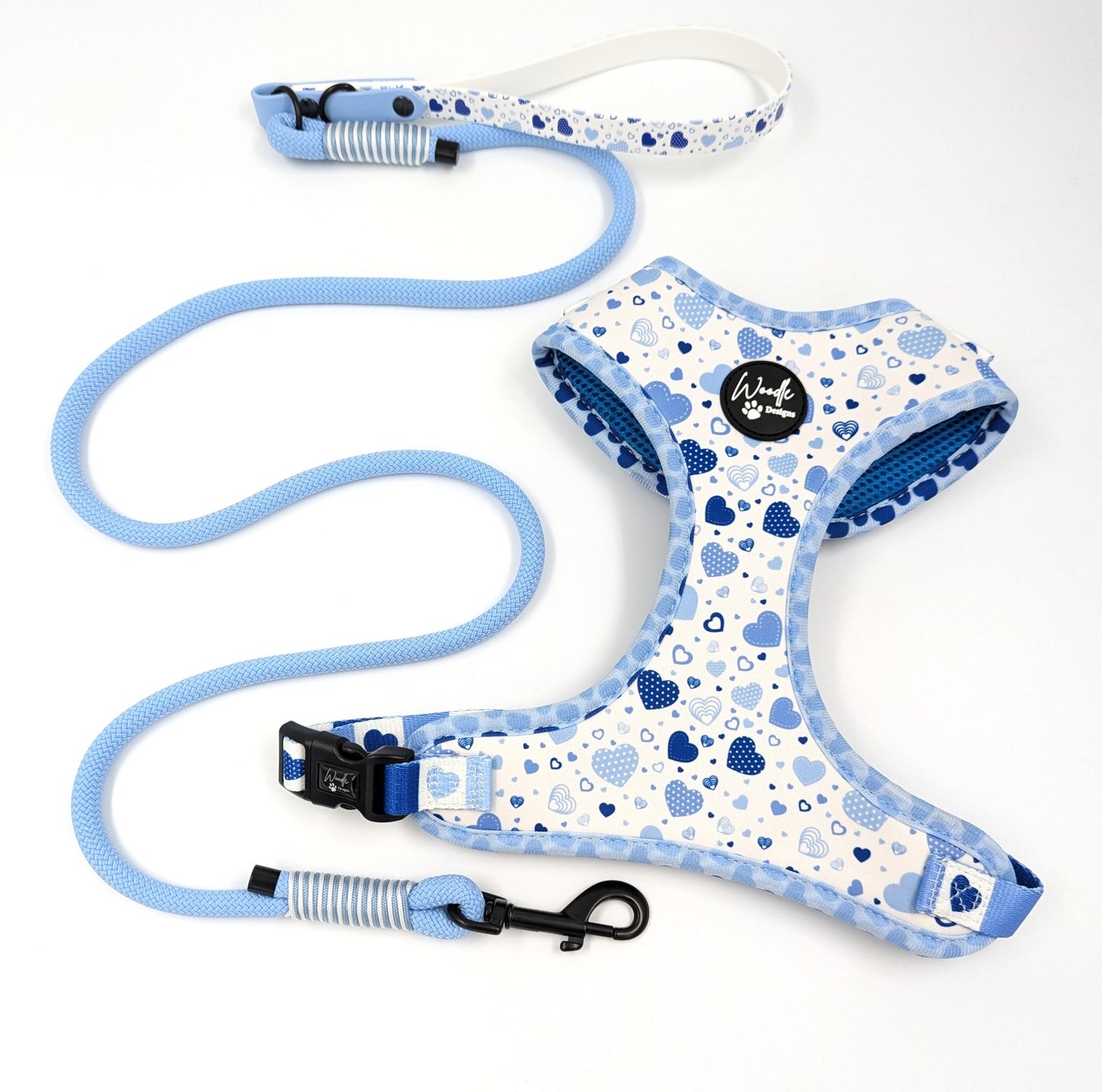 cute dog accessories adjustable dog harness blue hearts ireland worldwide  with a matching handmade rope lead with UV printed BioThane Handle 