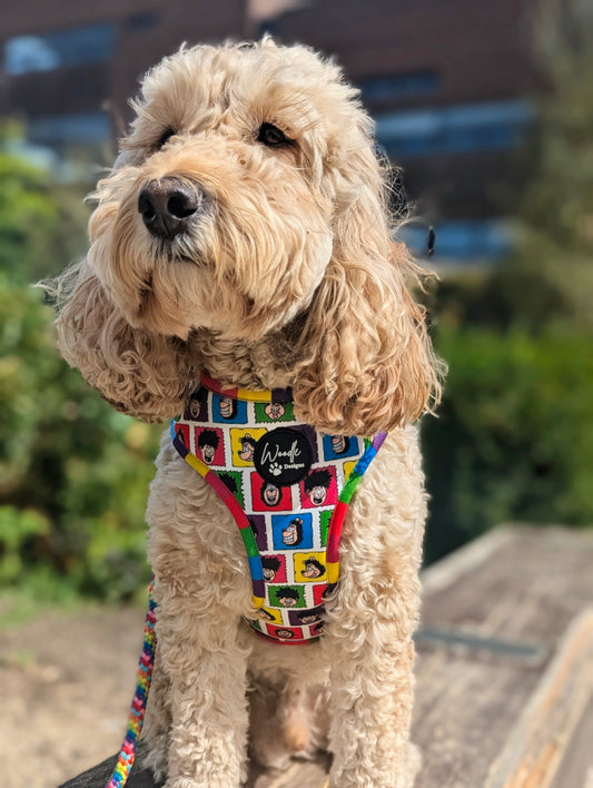 Official Beano comic strip print adjustable dog harness front view cockapoo ireland UK fast shipping cute dog harness