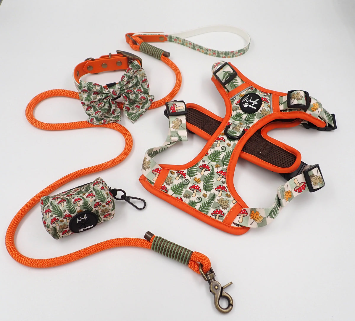 set of handmade dog rope lead with UV printed biothane handle in ferns and toadstool ireland uk and worldwide adventure style harness