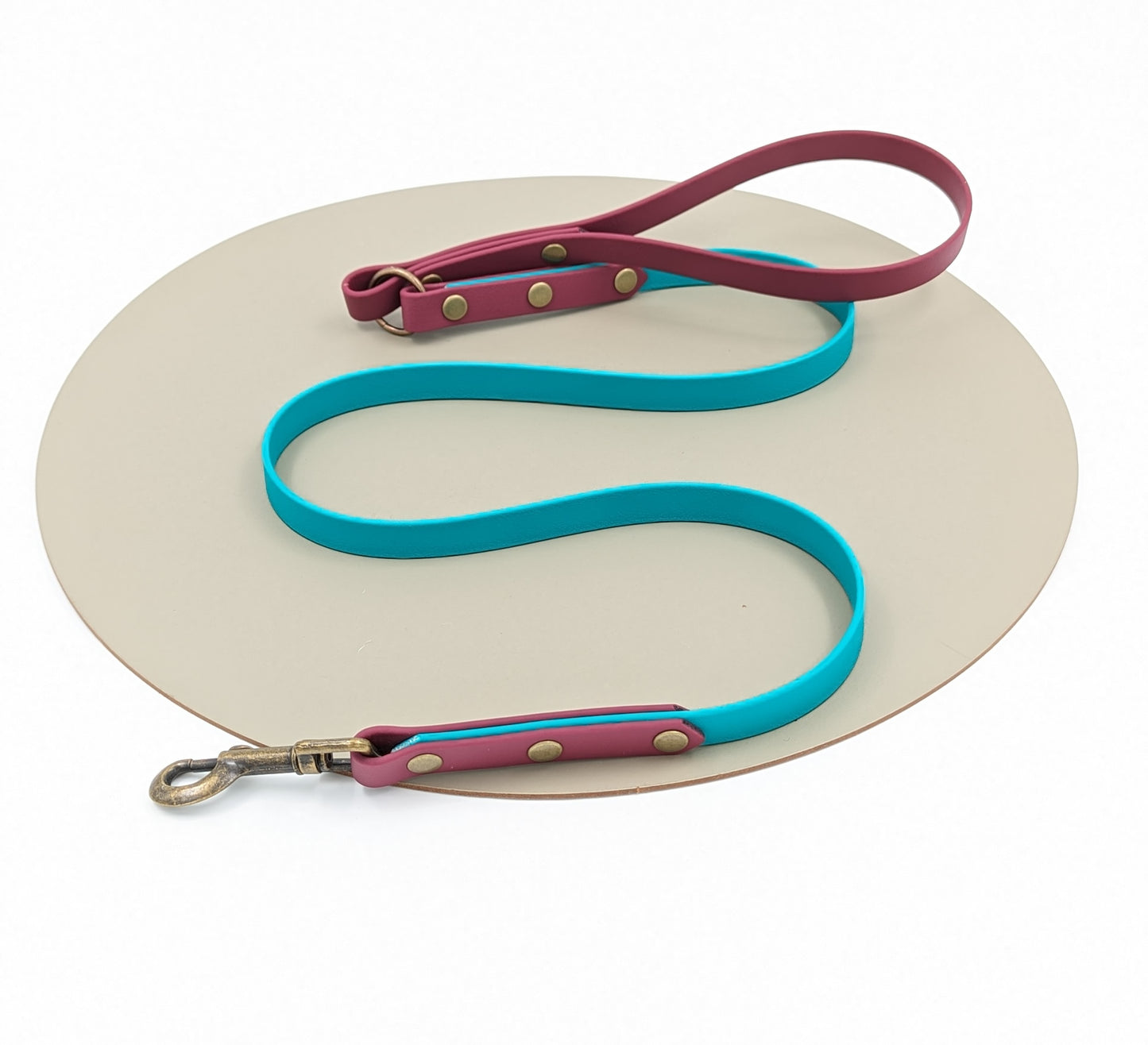 BioThane lead for dogs. Design your own, waterproof, easy to clean, made in Ireland, customisable, tough, hard wearing, 
Custom two-tone BioThane dog lead in vibrant contrasting colors - Waterproof and handmade in Ireland - Woodle Designs.