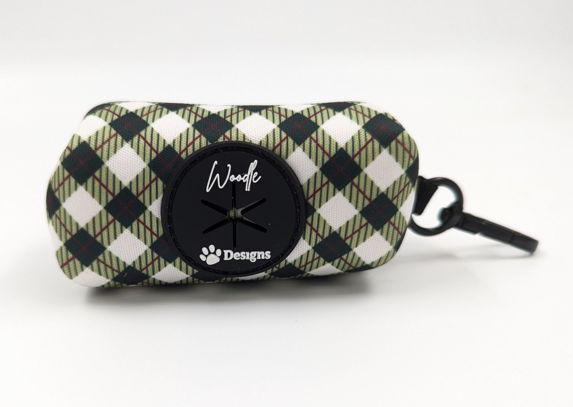 Checkered dog harness with brand logo on a white background designed in ireland emerald hearth tartan argyle dog harness adjustable plaid designbest quality dark green crimson dog bow collar and lead handmade dog accessories waste bag holder poo bag holder 
